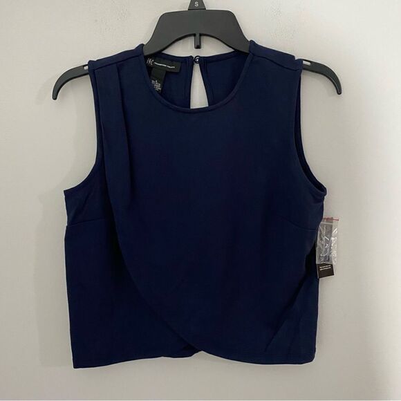 INC Women’s Crew Neck Sleeveless Drape Front Cropped Blue Blouse size S - Picture 1 of 3
